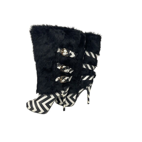 Ami Clubwear Faux Fur Striped Boots Size 8.5 Look Unworn 4.75" High Heel Gothic - Picture 5 of 11